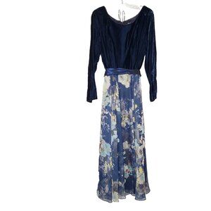 Lanz RSVP Blue Velvet Floral Chiffon Dress 12 Fairycore Whimsigoth Formal Party